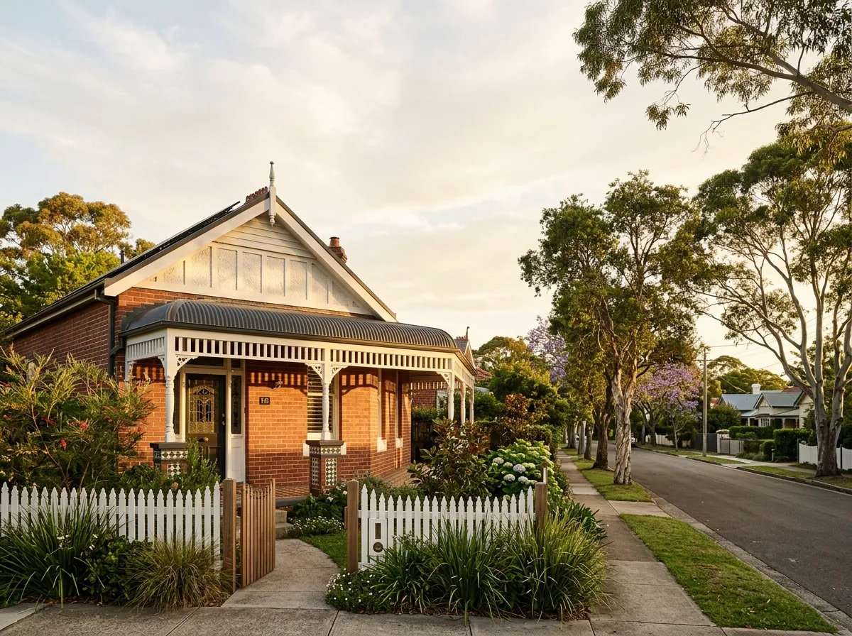 A federation brick cottage with a white picket fence and bullnose verandah, photographed in golden-hour Australian afternoon light.